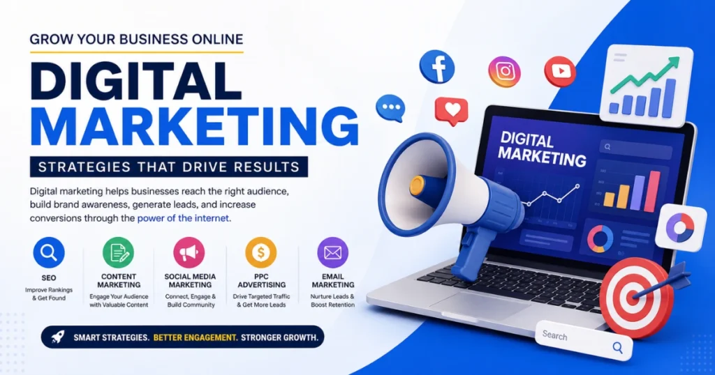 Digital marketing banner featuring SEO, content marketing, social media marketing, PPC advertising, and email marketing with analytics dashboard and business growth visuals.