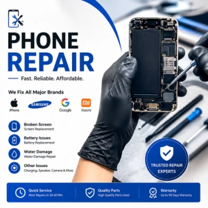 Home Professional phone repair service graphic featuring smartphone repair tools, broken screen repair, battery replacement, and trusted repair experts branding in a modern blue design.